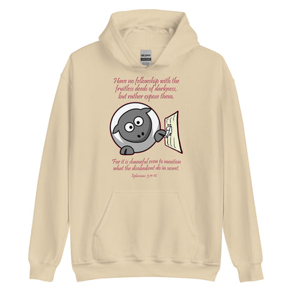 A011 Hoodie – Gildan 18500 Unisex Hoodie Featuring the Text of Ephesians 5v11-12 with a Sheep and Light Switch Graphic.
