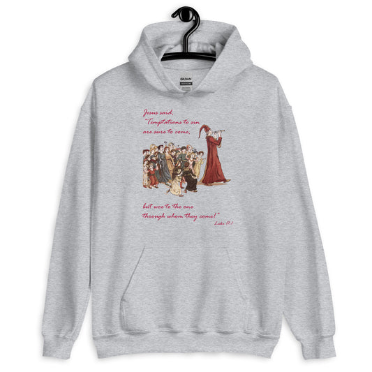 A007 Hoodie – Gildan 18500 Unisex Hoodie Featuring Luke 17:1 With a Graphic Depiction of the Pied Piper Leading a Mesmerized Crowd.