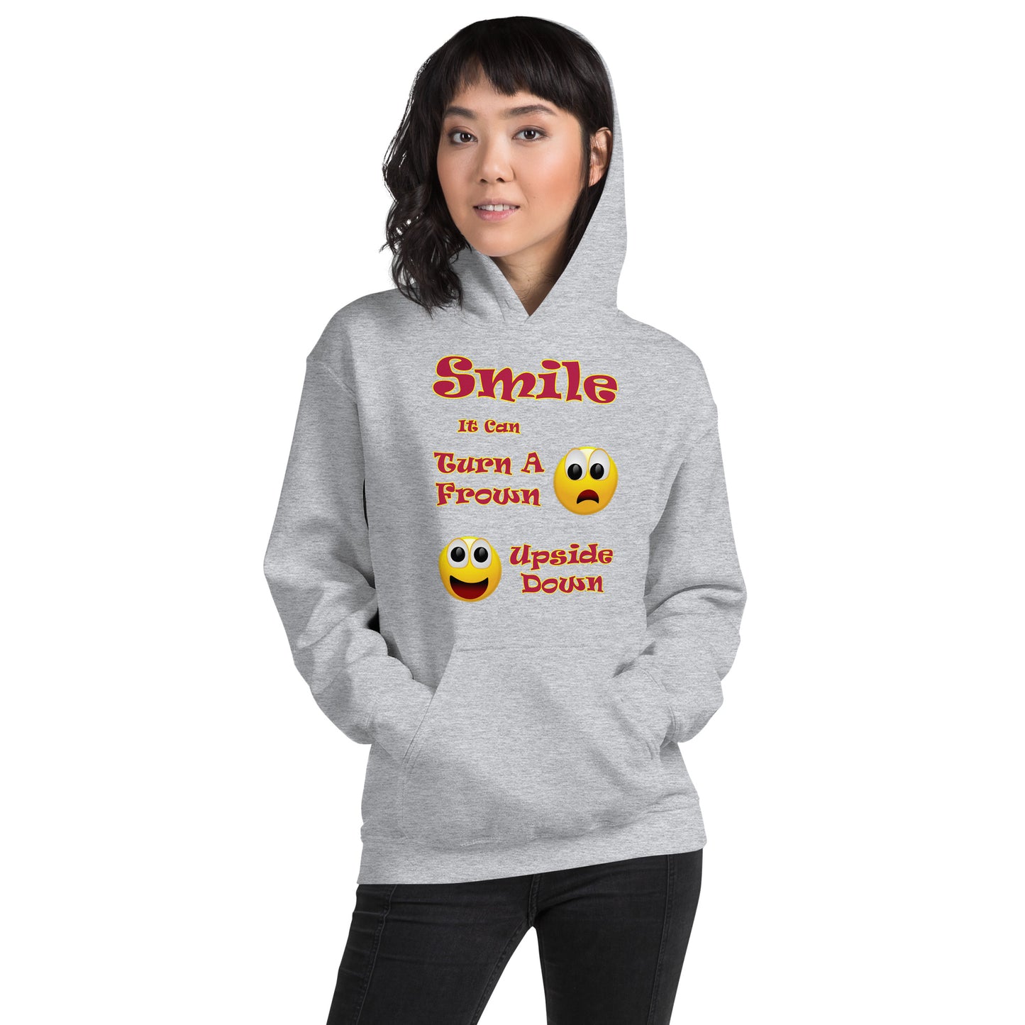 A008 Hoodie – Gildan 18500 Unisex Hoodie Featuring a Smiley Graphic With the Text “Smile - It Can Turn a Frown Upside Down”