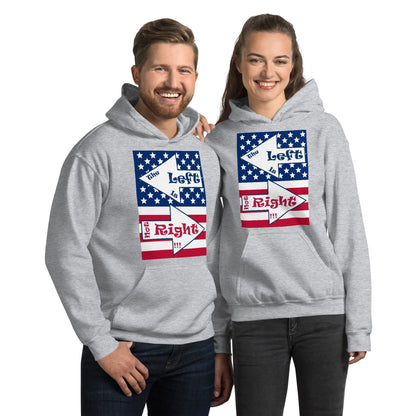 A017 Hoodie – Gildan 18500 Unisex Hoodie Featuring the Stars and Stripes of the U S Flag with the Text “The Left Is Not Right.”