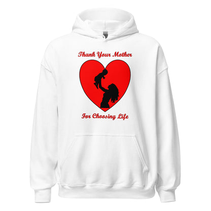 A002 Hoodie – Gildan 18500 Unisex Hoodie Featuring Mother and Baby Graphic with text “Thank Your Mother For Choosing Life.”