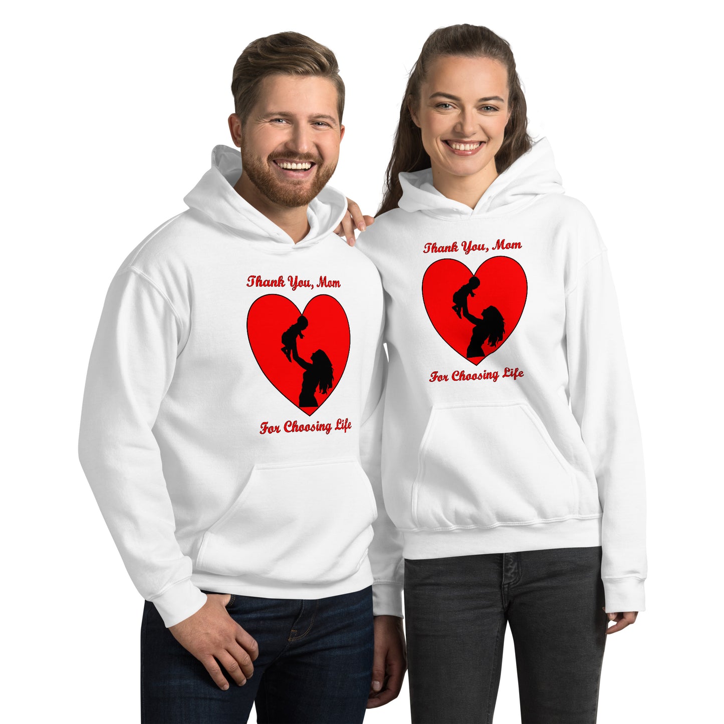 A002 Hoodie – Gildan 18500 Unisex Hoodie Featuring Mother and Baby Graphic with text “Thank You, Mom For Choosing Life.”