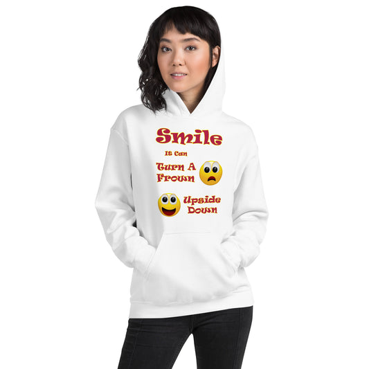 A008 Hoodie – Gildan 18500 Unisex Hoodie Featuring a Smiley Graphic With the Text “Smile - It Can Turn a Frown Upside Down”