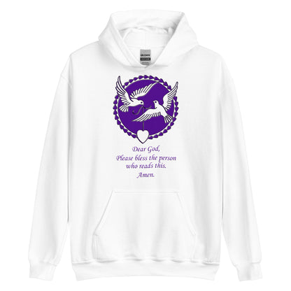 A013 Hoodie – Gildan 18500 Unisex Hoodie Featuring a Graphic of Doves and Hearts with the Text “Dear God, Please Bless the Person Who Reads This, Amen.”