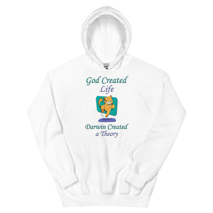 A016 Hoodie – Gildan 18500 Unisex Hoodie Featuring a Happy Dancing Cat with the Text “God Created Life – Darwin Created a Theory.”