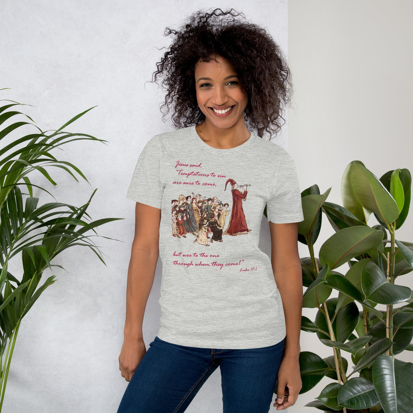 A007 T-shirt - Bella + Canvas 3001 Unisex T-shirt Featuring Luke 17:1 With a Graphic Depiction of the Pied Piper Leading a Mesmerized Crowd.