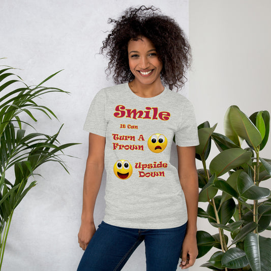 A008 T-shirt - Bella + Canvas 3001 Unisex T-shirt Featuring a Smiley Graphic With the Text “Smile - It Can Turn a Frown Upside Down”