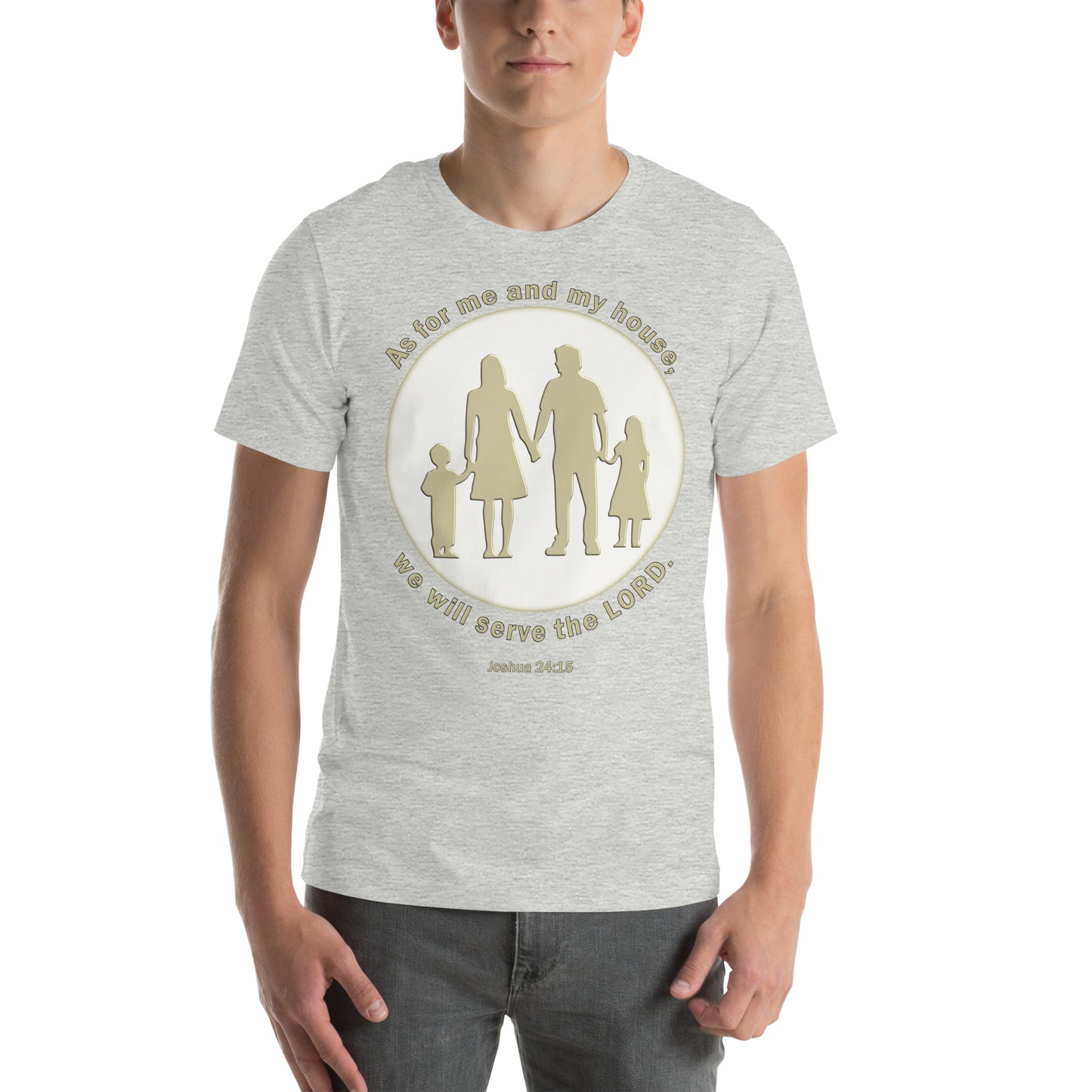 A014 T-shirt - Bella + Canvas 3001 Unisex T-shirt Featuring a Silhouette Graphic of a Young Family with the Text of Joshua 24 verse 15 “As for Me and My House, We Will Serve the LORD.”