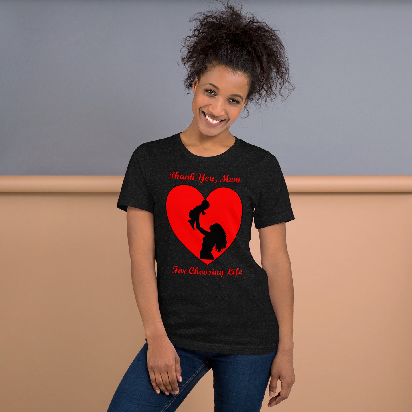 A002 T-shirt - Bella + Canvas 3001 Unisex T-shirt Featuring Mother and Baby Graphic with text “Thank You, Mom For Choosing Life.”