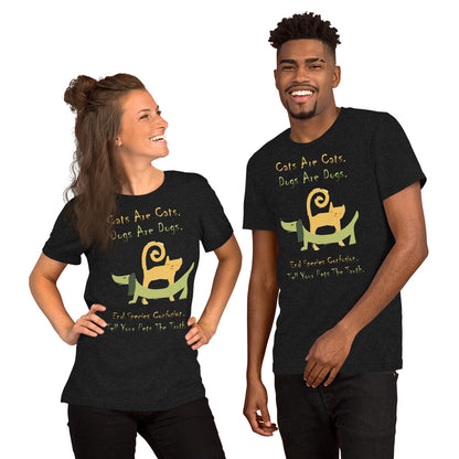 A004 T-shirt - Bella + Canvas 3001 Unisex T-shirt Featuring a Colorful Cat and Dog, with Text, “Cats are Cats. Dogs are Dogs. End Species Confusion. Tell Your Pets the Truth.”