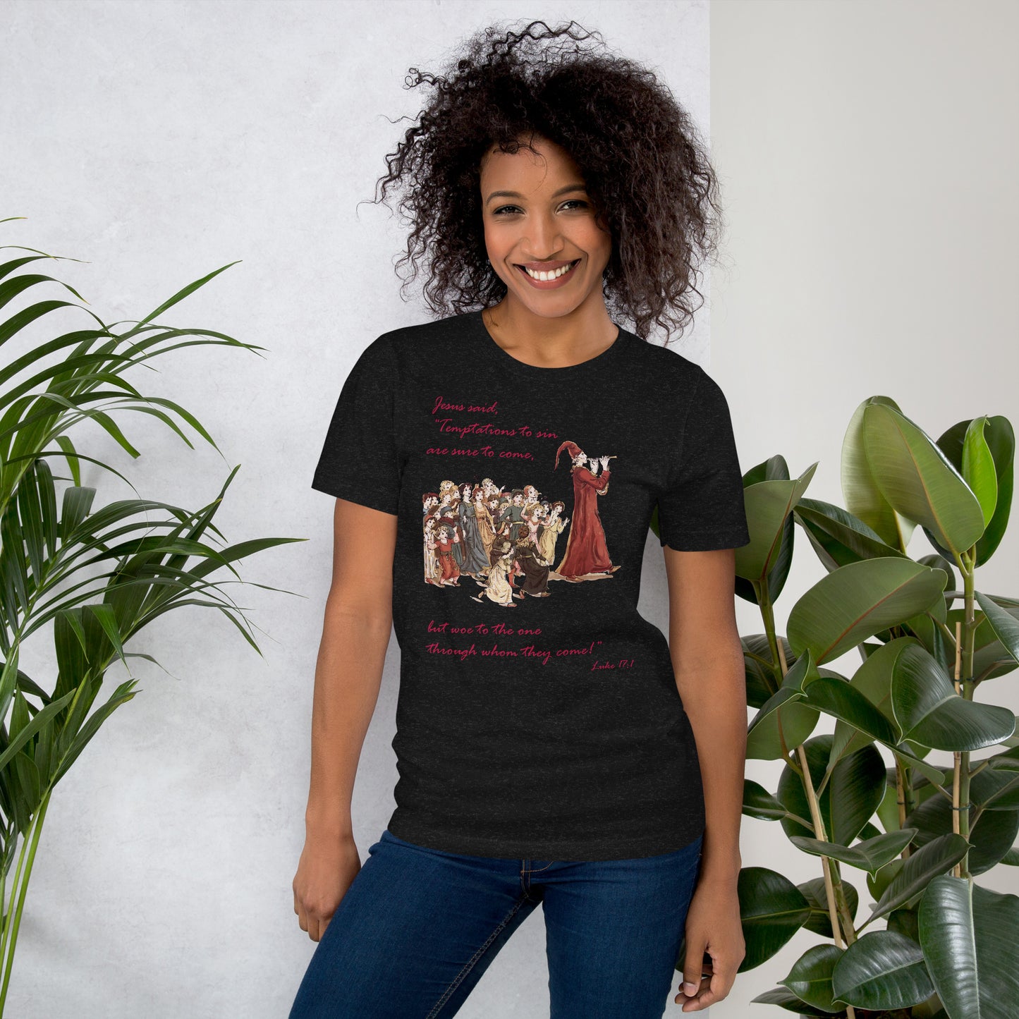 A007 T-shirt - Bella + Canvas 3001 Unisex T-shirt Featuring Luke 17:1 With a Graphic Depiction of the Pied Piper Leading a Mesmerized Crowd.