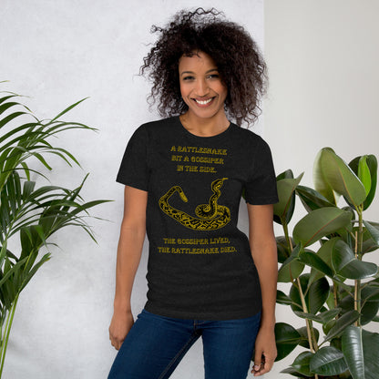 A010 T-shirt - Bella + Canvas 3001 Unisex T-shirt Featuring a Rattlesnake Graphic and the Text “A Rattlesnake Bit a Gossiper in the Side – The Gossiper Lived, The Rattlesnake Died.”