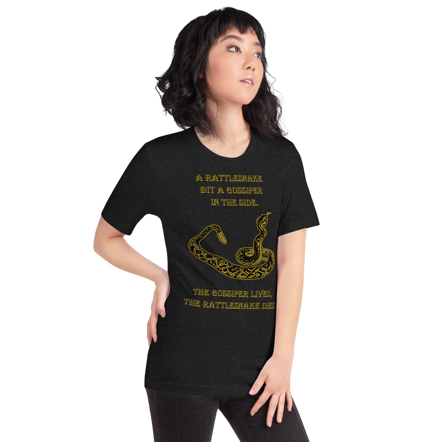 A010 T-shirt - Bella + Canvas 3001 Unisex T-shirt Featuring a Rattlesnake Graphic and the Text “A Rattlesnake Bit a Gossiper in the Side – The Gossiper Lived, The Rattlesnake Died.”