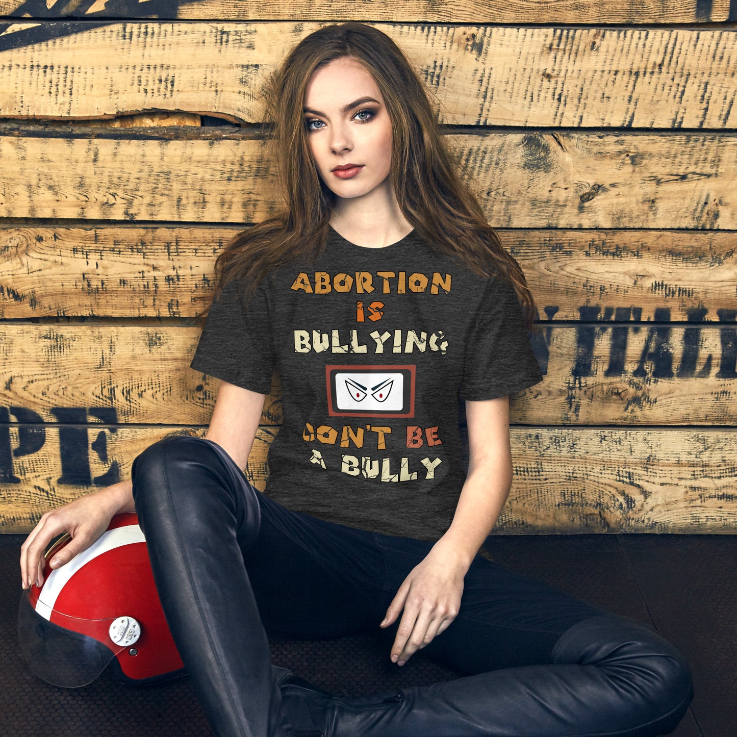 A001 T-shirt - Bella + Canvas 3001 Unisex T-shirt Featuring Sinister Eyes Graphic with text “Abortion is Bullying. Don’t be a Bully.”