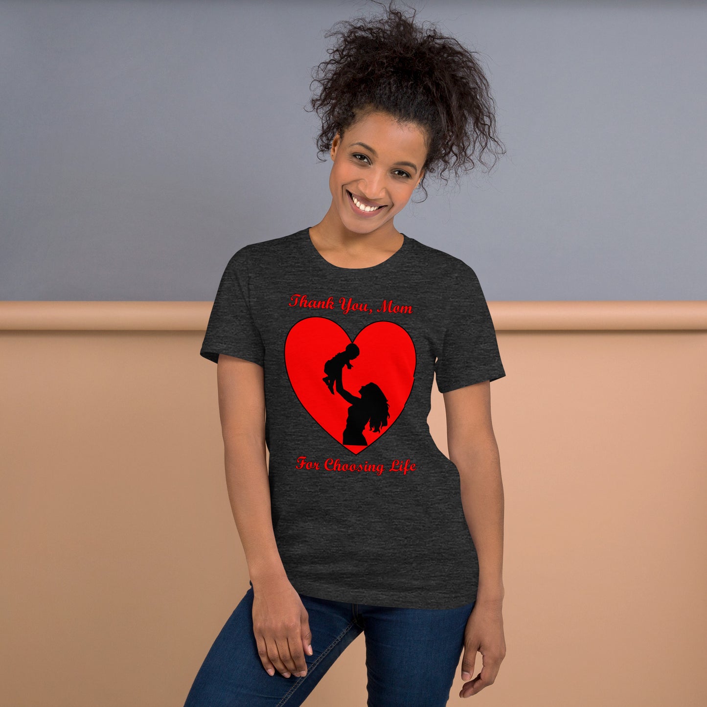 A002 T-shirt - Bella + Canvas 3001 Unisex T-shirt Featuring Mother and Baby Graphic with text “Thank You, Mom For Choosing Life.”