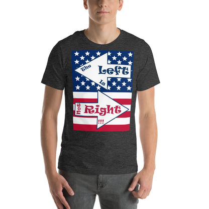 A017 T-shirt - Bella + Canvas 3001 Unisex T-shirt Featuring the Stars and Stripes of the U S Flag with the Text “The Left Is Not Right.”