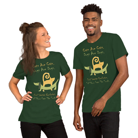 A004 T-shirt - Bella + Canvas 3001 Unisex T-shirt Featuring a Colorful Cat and Dog, with Text, “Cats are Cats. Dogs are Dogs. End Species Confusion. Tell Your Pets the Truth.”
