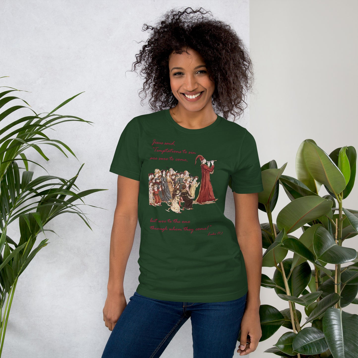 A007 T-shirt - Bella + Canvas 3001 Unisex T-shirt Featuring Luke 17:1 With a Graphic Depiction of the Pied Piper Leading a Mesmerized Crowd.