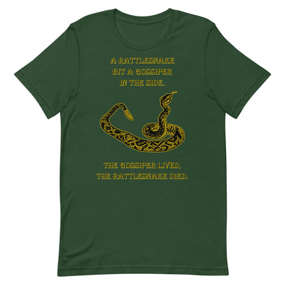 A010 T-shirt - Bella + Canvas 3001 Unisex T-shirt Featuring a Rattlesnake Graphic and the Text “A Rattlesnake Bit a Gossiper in the Side – The Gossiper Lived, The Rattlesnake Died.”