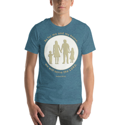 A014 T-shirt - Bella + Canvas 3001 Unisex T-shirt Featuring a Silhouette Graphic of a Young Family with the Text of Joshua 24 verse 15 “As for Me and My House, We Will Serve the LORD.”