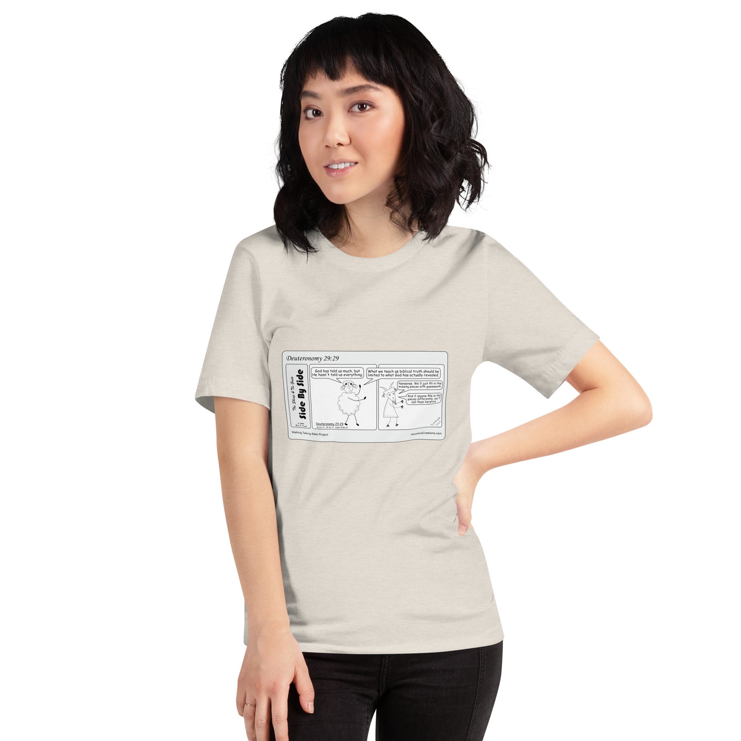 Bella + Canvas 3001 Unisex T-shirt Featuring the Sheep and the Goats Side by Side Cartoon V1-04 Style 1