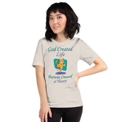 A016 T-shirt - Bella + Canvas 3001 Unisex T-shirt Featuring a Happy Dancing Cat with the Text “God Created Life – Darwin Created a Theory.”