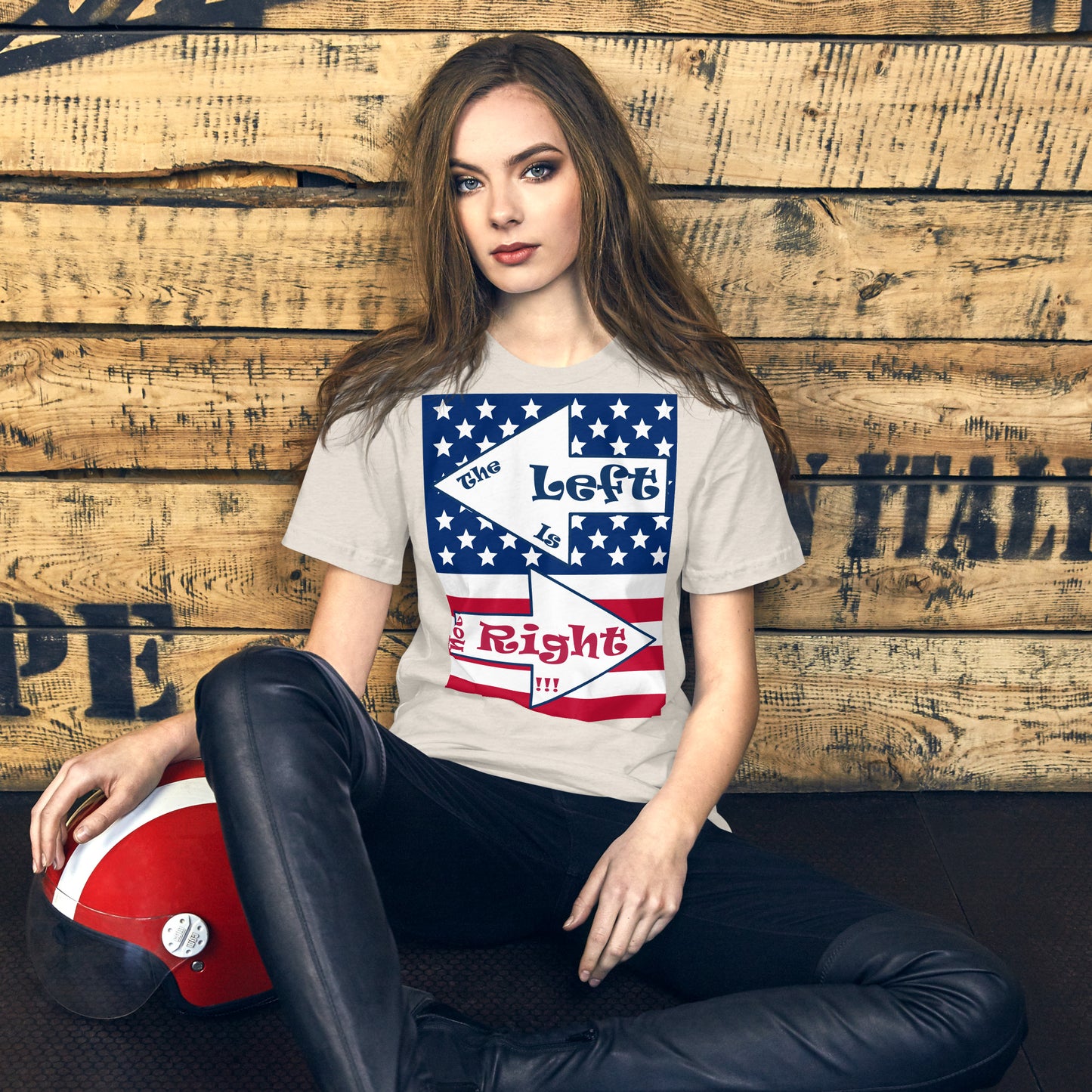A017 T-shirt - Bella + Canvas 3001 Unisex T-shirt Featuring the Stars and Stripes of the U S Flag with the Text “The Left Is Not Right.”