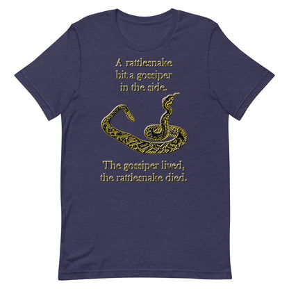 A010 T-shirt - Bella + Canvas 3001 Unisex T-shirt Featuring a Rattlesnake Graphic and the Text “A Rattlesnake Bit a Gossiper in the Side – The Gossiper Lived, The Rattlesnake Died.”