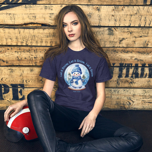 A020 T-shirt - Bella + Canvas 3001 Unisex T-shirt Featuring a Cute Little Snowman in a Snow Globe with the Text “Let it Snow, Let it Snow, Let it Snow.”