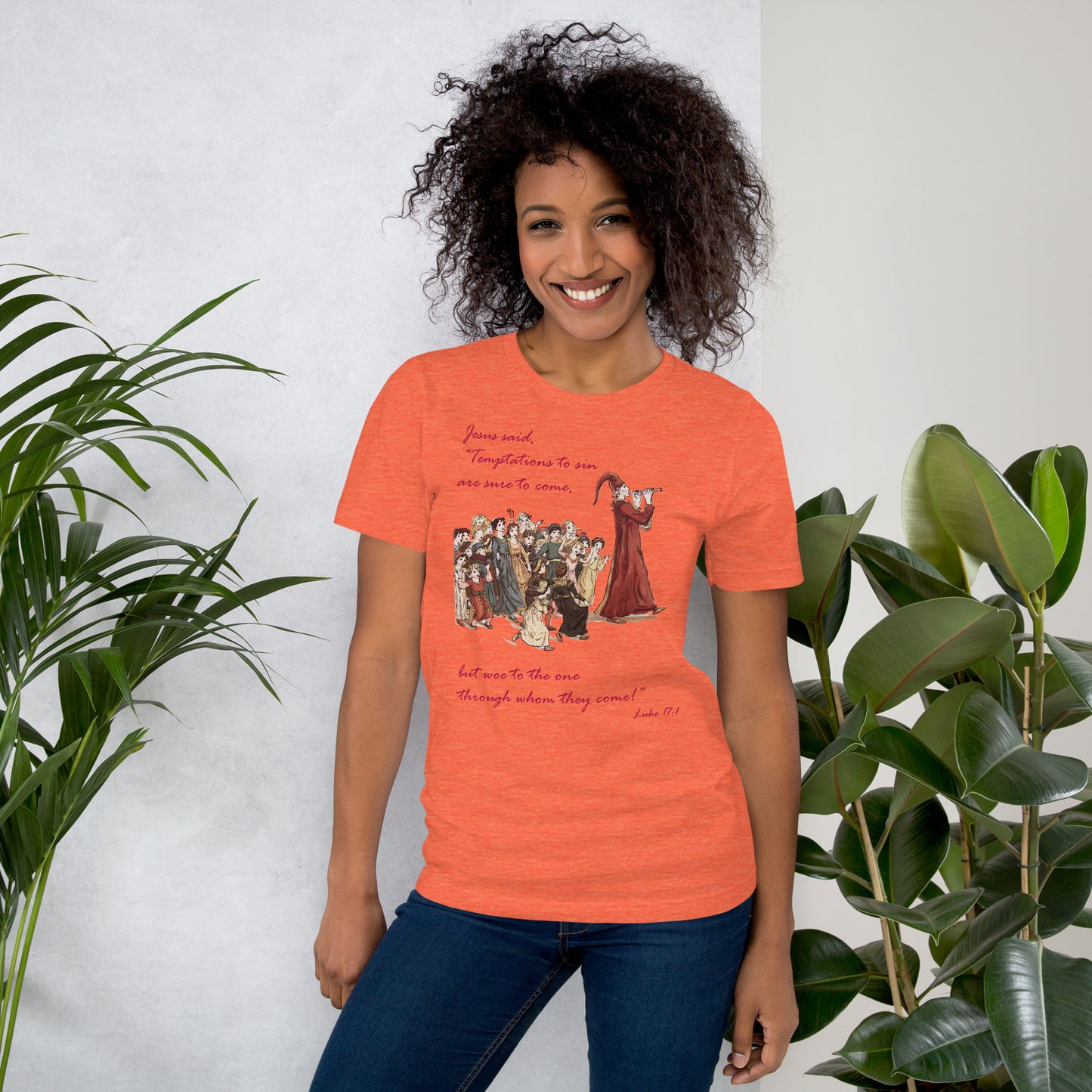 A007 T-shirt - Bella + Canvas 3001 Unisex T-shirt Featuring Luke 17:1 With a Graphic Depiction of the Pied Piper Leading a Mesmerized Crowd.