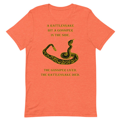 A010 T-shirt - Bella + Canvas 3001 Unisex T-shirt Featuring a Rattlesnake Graphic and the Text “A Rattlesnake Bit a Gossiper in the Side – The Gossiper Lived, The Rattlesnake Died.”