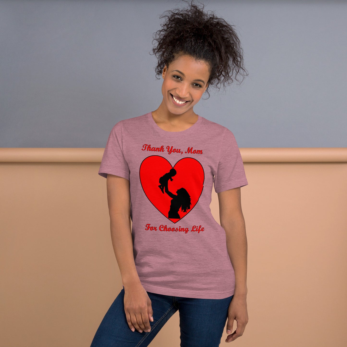 A002 T-shirt - Bella + Canvas 3001 Unisex T-shirt Featuring Mother and Baby Graphic with text “Thank You, Mom For Choosing Life.”