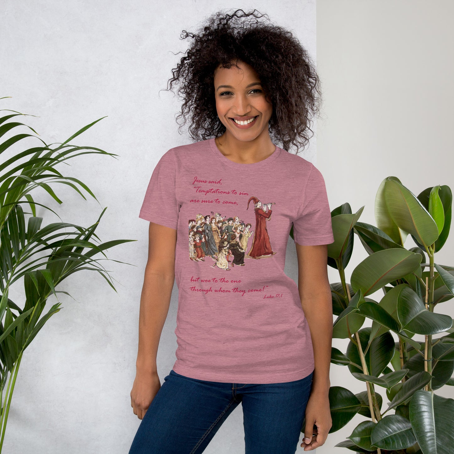 A007 T-shirt - Bella + Canvas 3001 Unisex T-shirt Featuring Luke 17:1 With a Graphic Depiction of the Pied Piper Leading a Mesmerized Crowd.