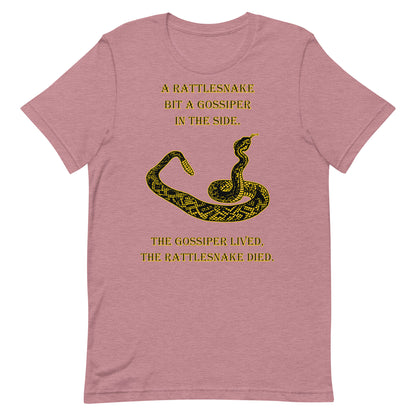 A010 T-shirt - Bella + Canvas 3001 Unisex T-shirt Featuring a Rattlesnake Graphic and the Text “A Rattlesnake Bit a Gossiper in the Side – The Gossiper Lived, The Rattlesnake Died.”