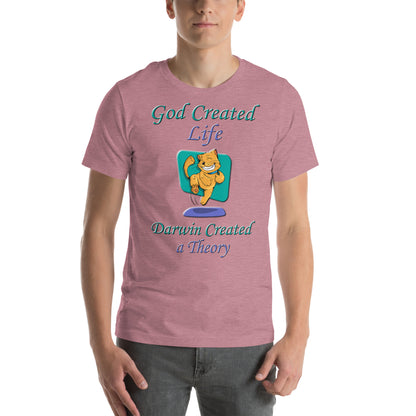 A016 T-shirt - Bella + Canvas 3001 Unisex T-shirt Featuring a Happy Dancing Cat with the Text “God Created Life – Darwin Created a Theory.”