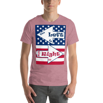 A017 T-shirt - Bella + Canvas 3001 Unisex T-shirt Featuring the Stars and Stripes of the U S Flag with the Text “The Left Is Not Right.”