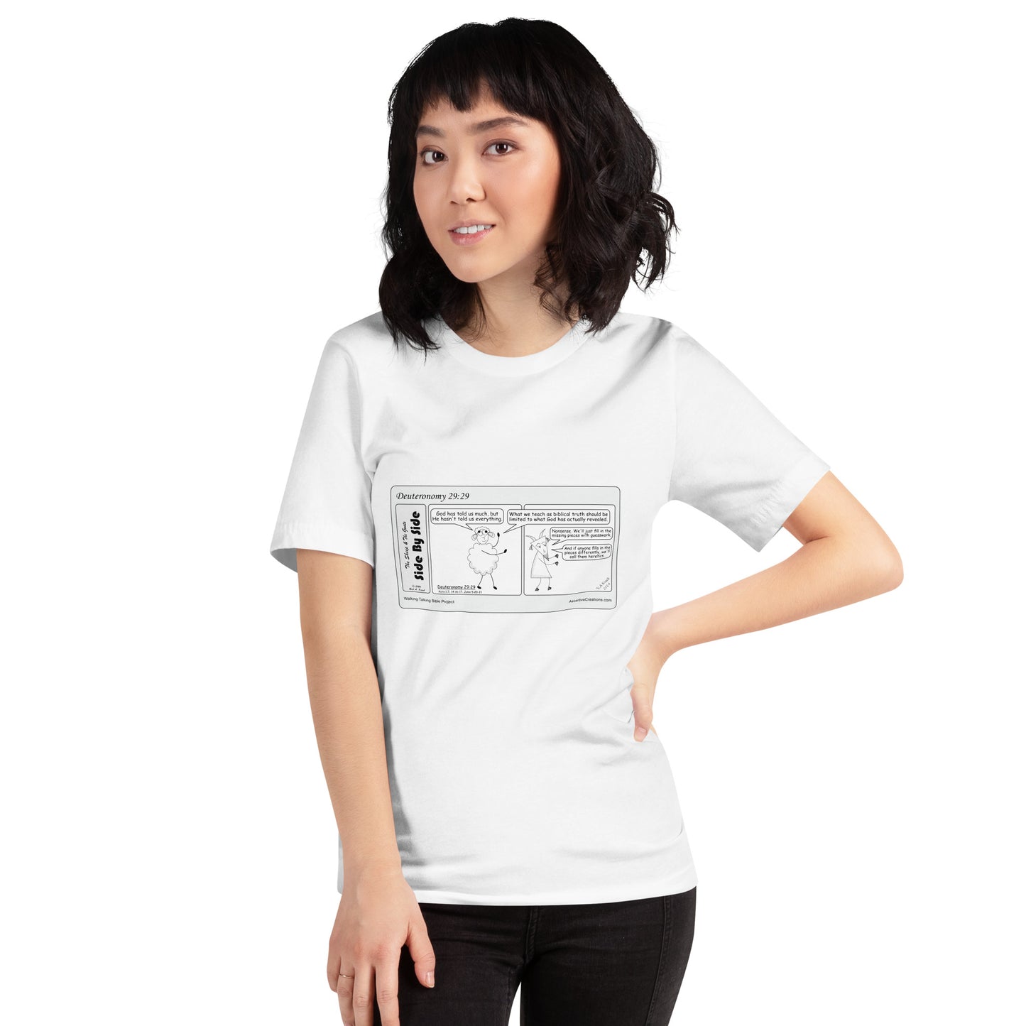 Bella + Canvas 3001 Unisex T-shirt Featuring the Sheep and the Goats Side by Side Cartoon V1-04 Style 1