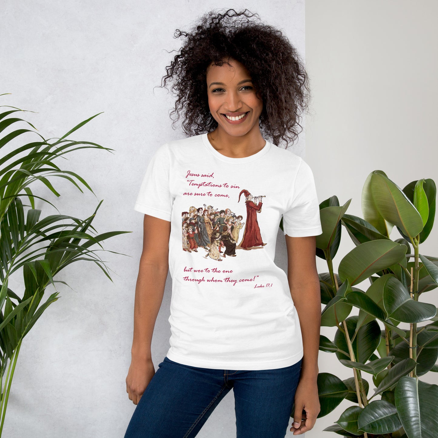 A007 T-shirt - Bella + Canvas 3001 Unisex T-shirt Featuring Luke 17:1 With a Graphic Depiction of the Pied Piper Leading a Mesmerized Crowd.