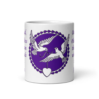 A013 Mug - White Glossy Ceramic Mug Featuring a Graphic of Doves and Hearts with the Text “Dear God, Please Bless the Person Who Reads This, Amen.”