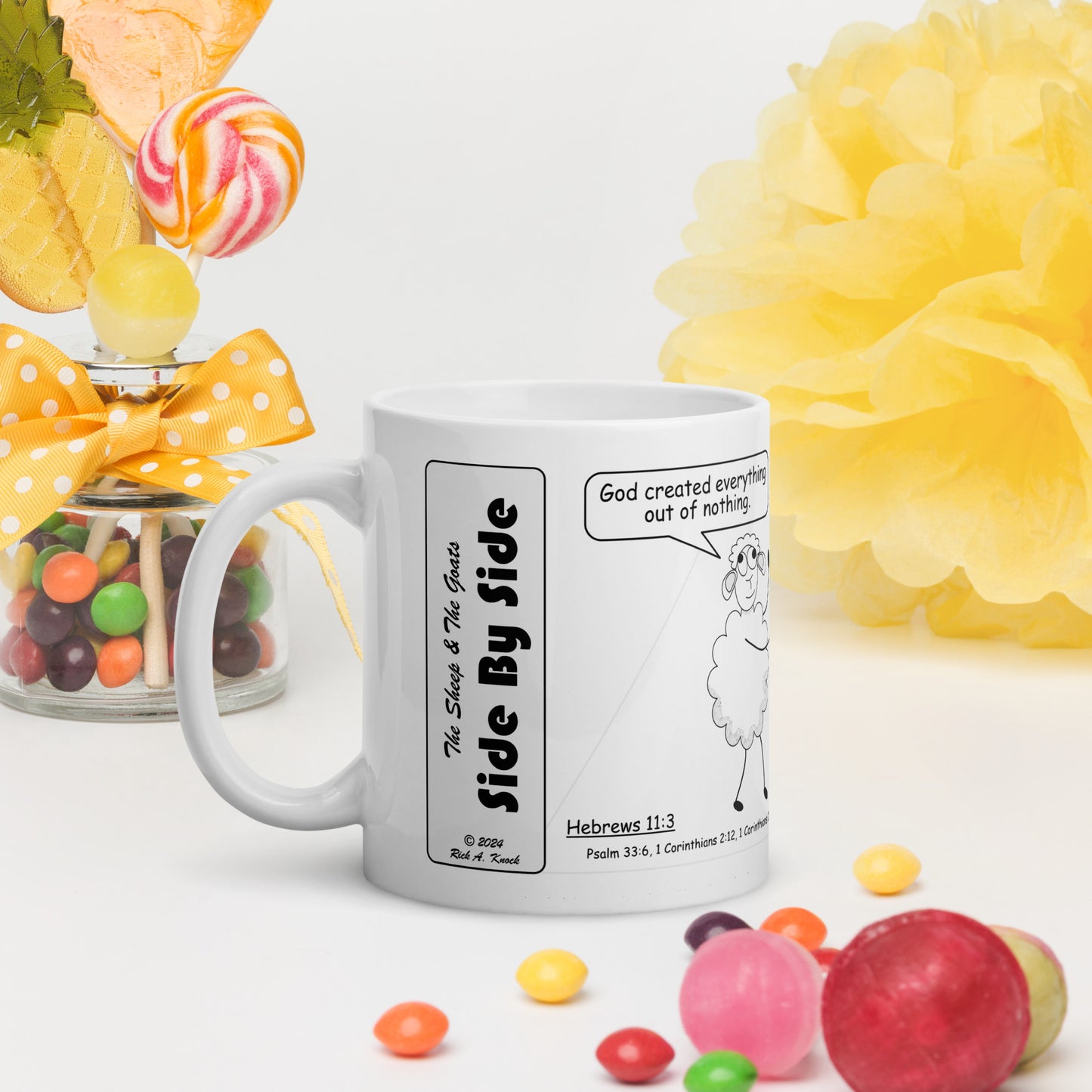 White Glossy Mug Featuring the Sheep and the Goats Side by Side Cartoon V1-02 Style 2