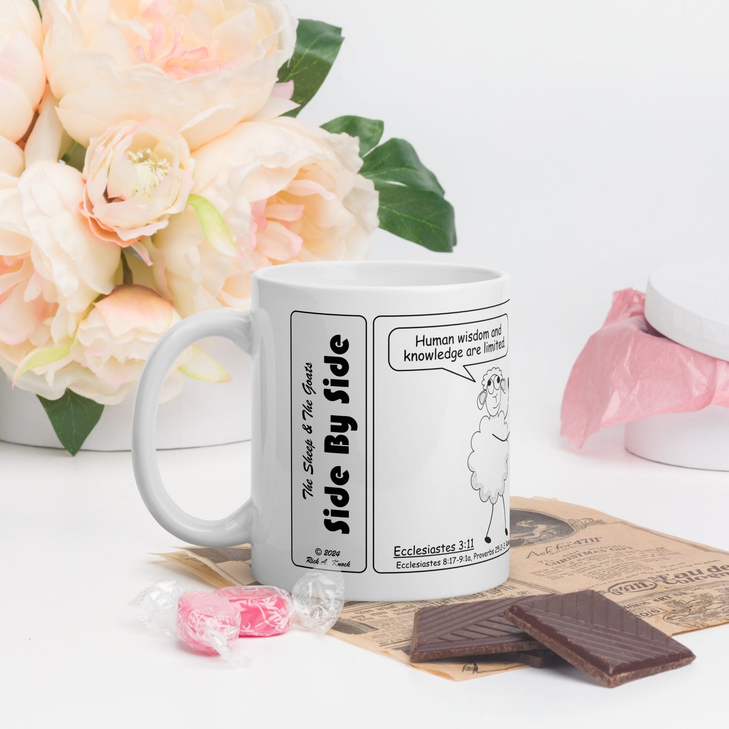 White Glossy Mug Featuring the Sheep and the Goats Side by Side Cartoon V1-03 Style 1