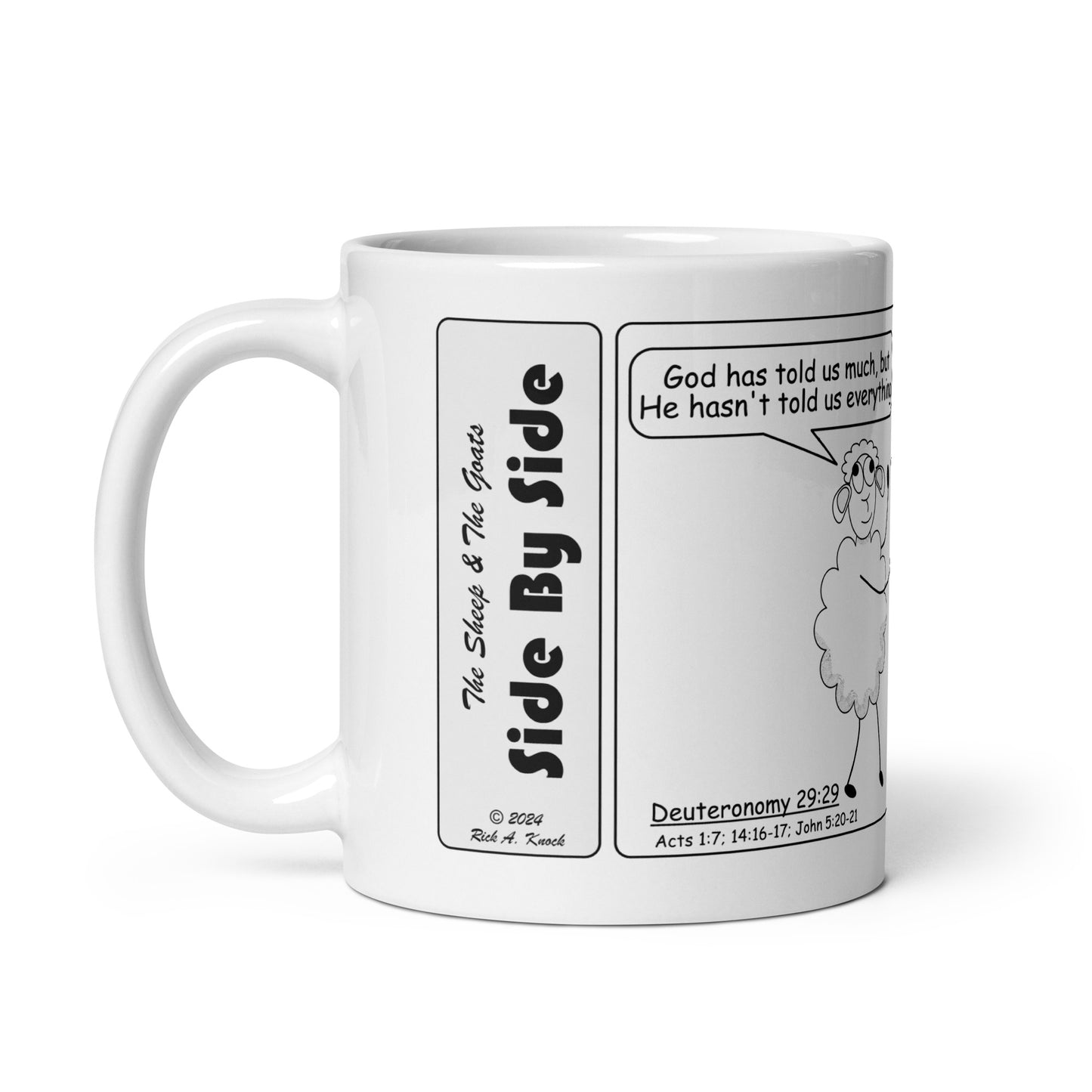 White Glossy Mug Featuring the Sheep and the Goats Side by Side Cartoon V1-04 Style 1