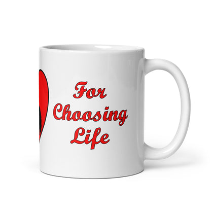 A002 Mug - White Glossy Ceramic Mug Featuring Mother and Baby Graphic with text “Thank Your Mother For Choosing Life.”
