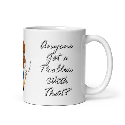 A015 Mug - White Glossy Ceramic Mug Featuring a Graphic of a Young Pregnant Woman Smoking, with the Text “My Body, My Choice – Anyone Got a Problem with That?”
