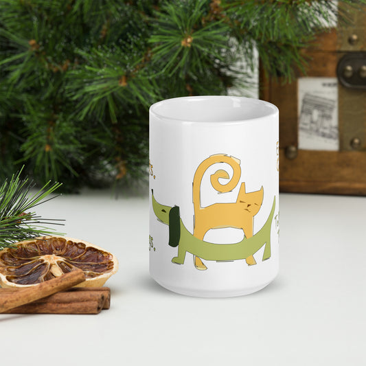 A004 Mug - White Glossy Ceramic Mug Featuring a Colorful Cat and Dog, with Text, “Cats are Cats. Dogs are Dogs. End Species Confusion. Tell Your Pets the Truth.”