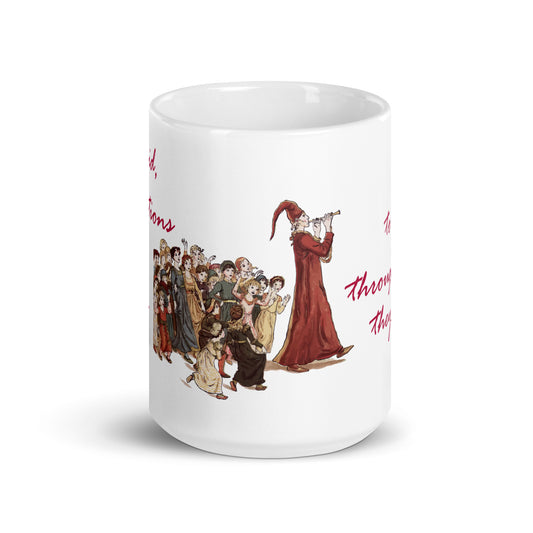 A007 Mug - White Glossy Ceramic Mug Featuring Luke 17:1 With a Graphic Depiction of the Pied Piper Leading a Mesmerized Crowd.