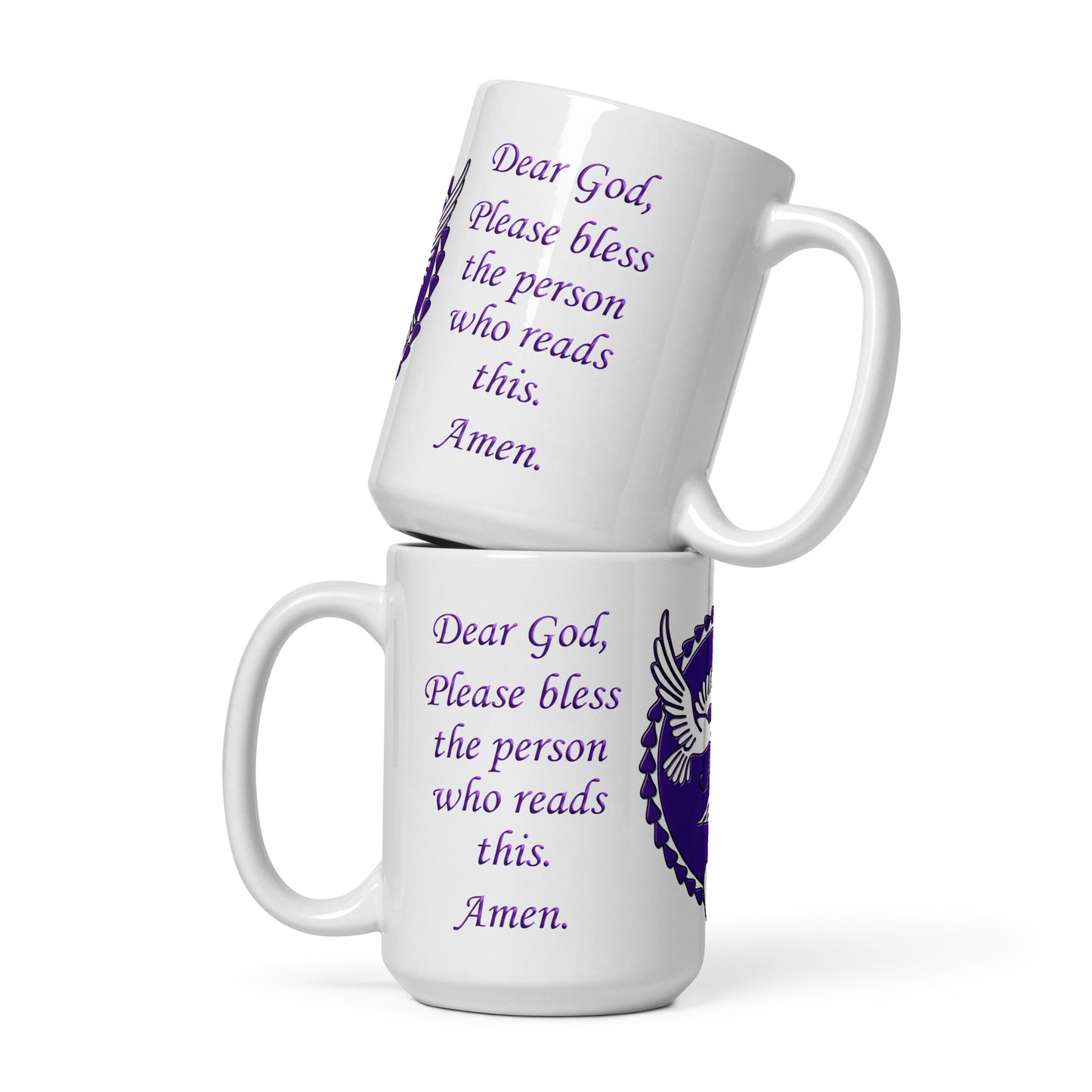 A013 Mug - White Glossy Ceramic Mug Featuring a Graphic of Doves and Hearts with the Text “Dear God, Please Bless the Person Who Reads This, Amen.”
