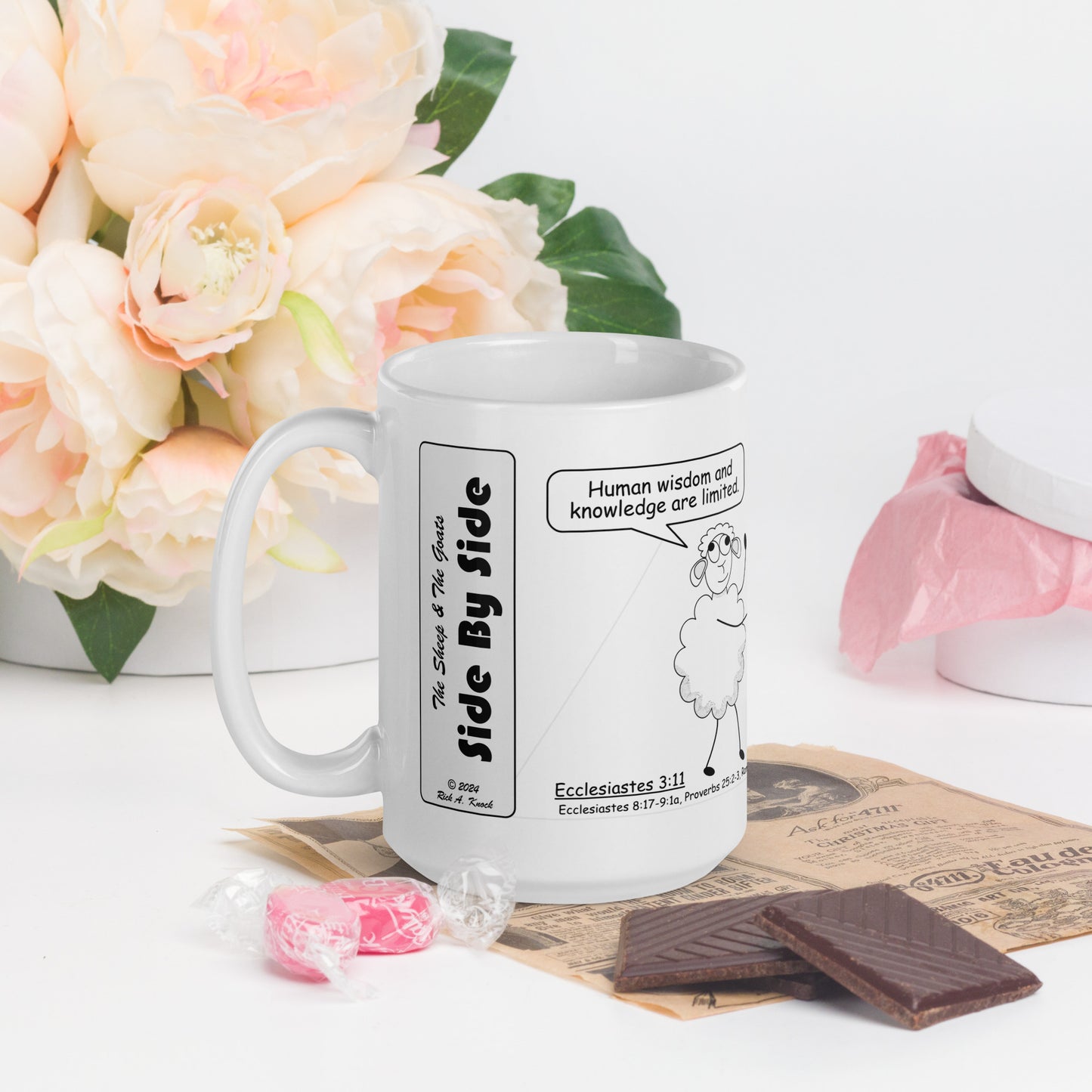 White Glossy Mug Featuring the Sheep and the Goats Side by Side Cartoon V1-03 Style 2