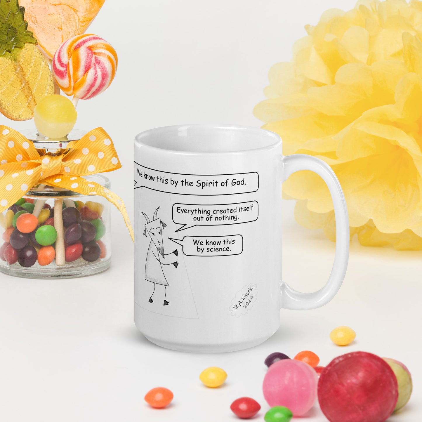 White Glossy Mug Featuring the Sheep and the Goats Side by Side Cartoon V1-02 Style 2