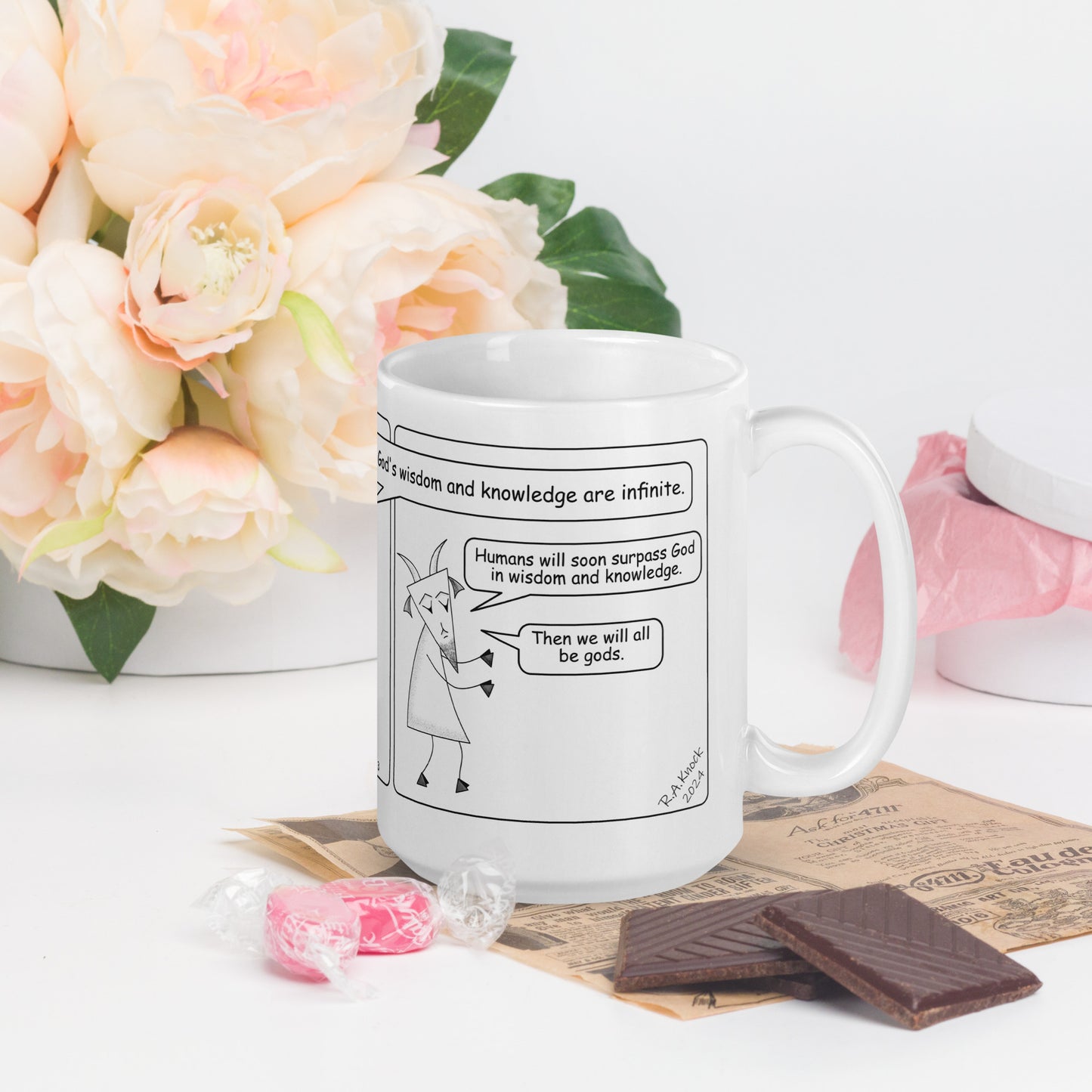 White Glossy Mug Featuring the Sheep and the Goats Side by Side Cartoon V1-03 Style 1